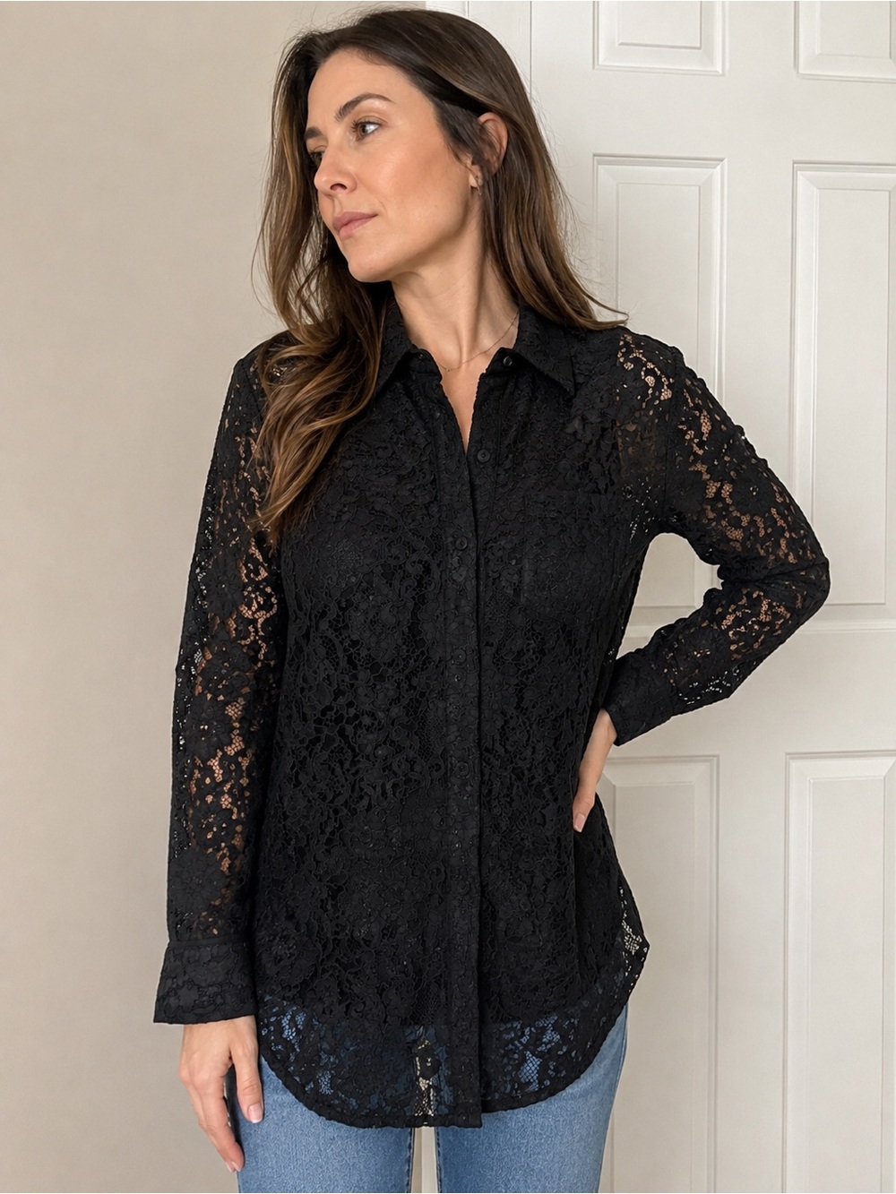 Rosemunde Copenhagen Floral Black Lace Button-Up Shirt with Pockets - EU 38